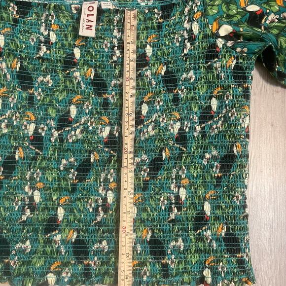 Dolan x Anthropologie Green Left Coast Smocked Puff Sleeved Top Tropical Bird XL - Picture 6 of 13